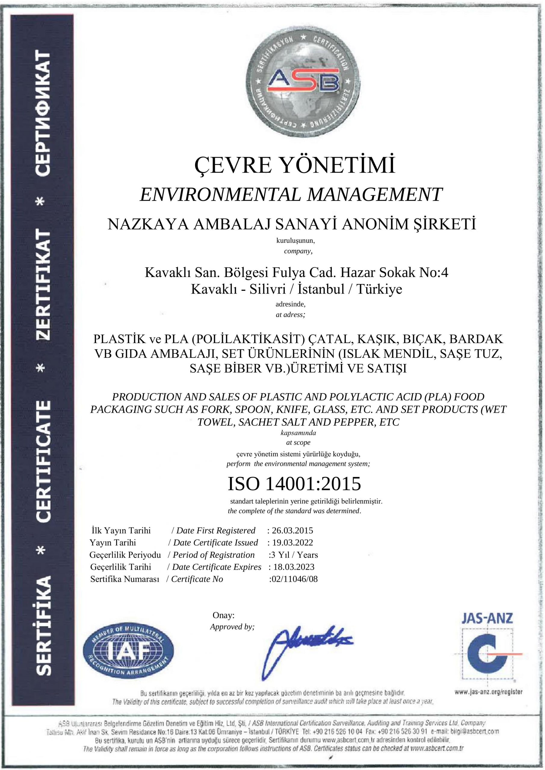 ISO 14001 — Çevre Yönetimi (Plastik Tesis)