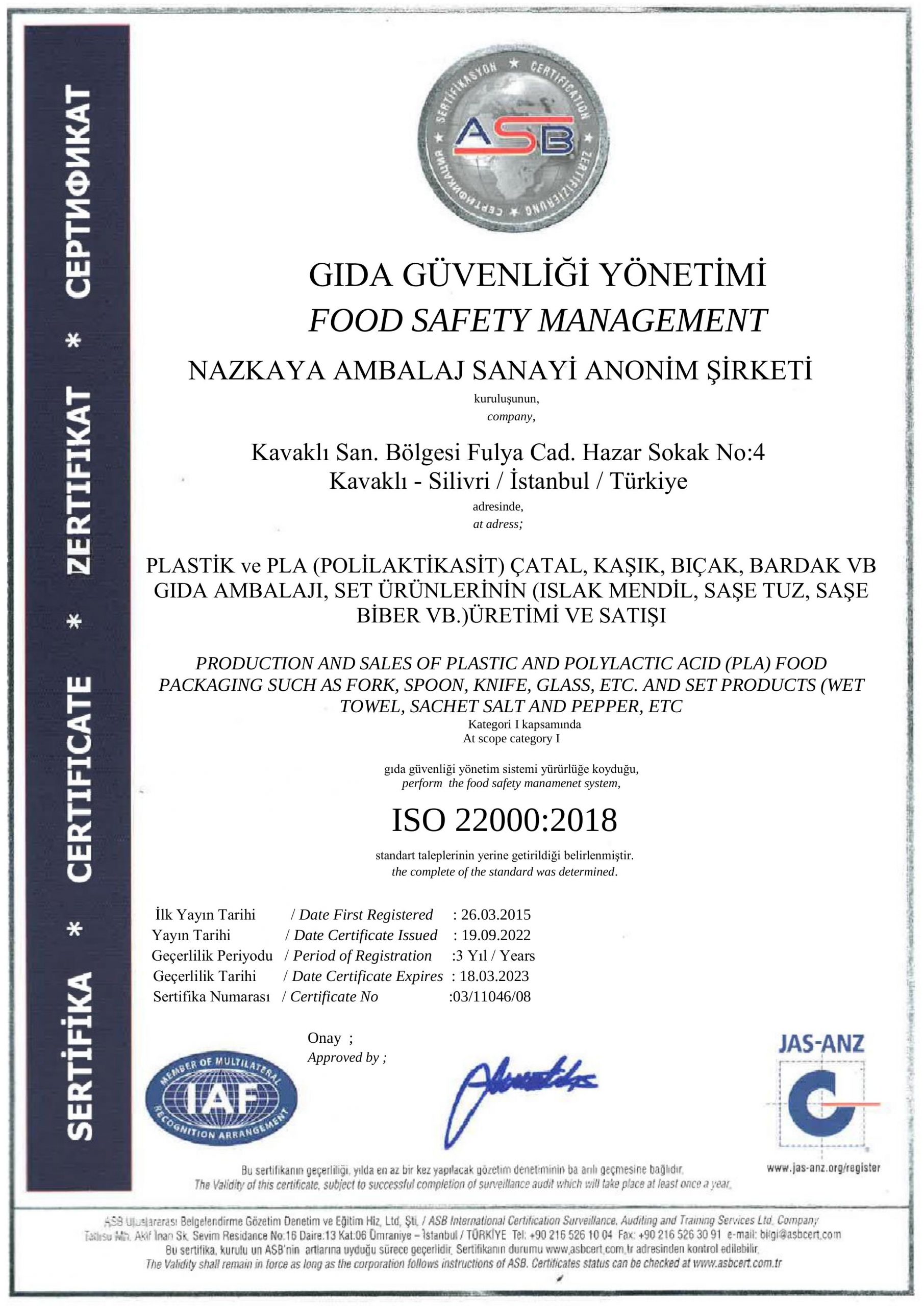 ISO 22000 — Gıda Güvenliği (Plastik Tesis)