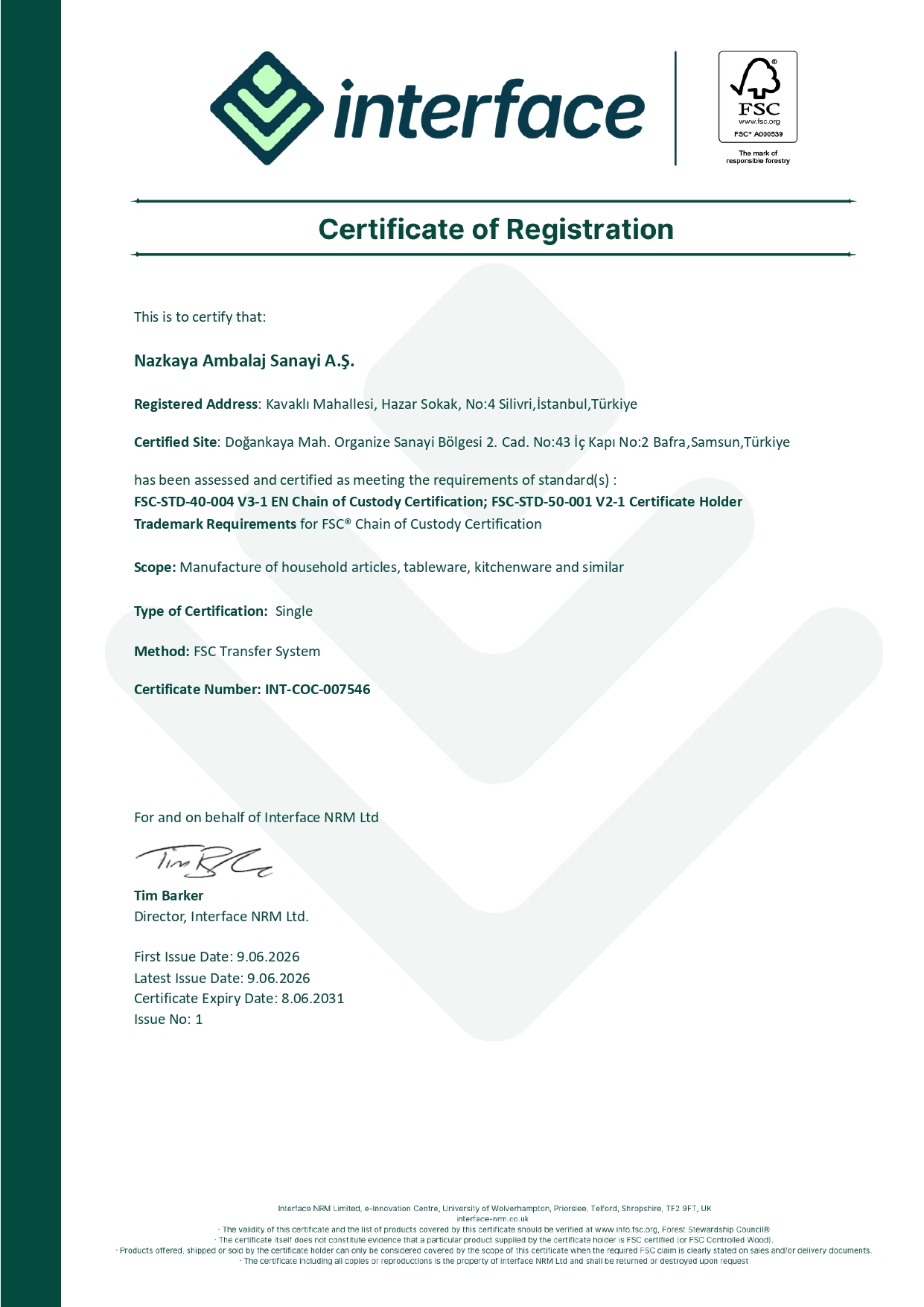 FSC Chain of Custody Sertifikası